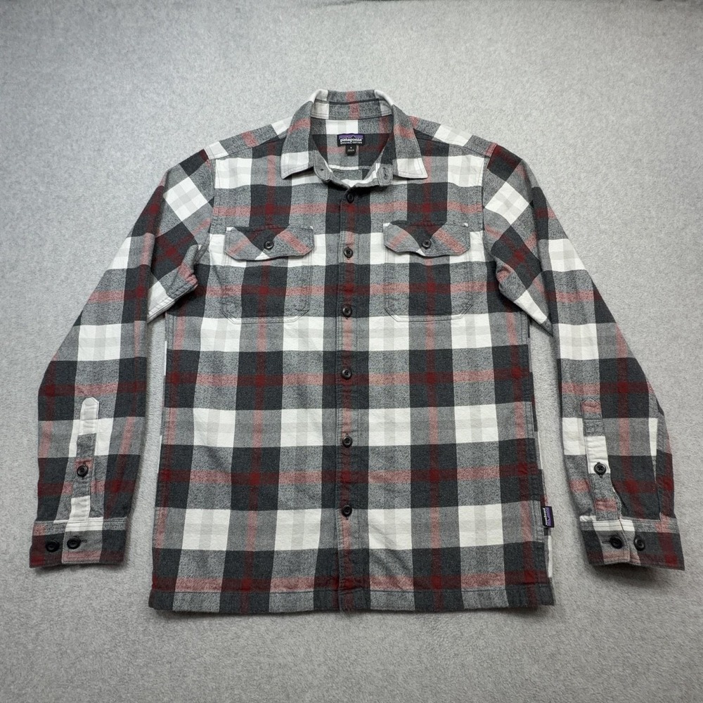 Patagonia Fjord Flannel Shirt Mens Small Gray Plaid Long Sleeve Organic Cotton